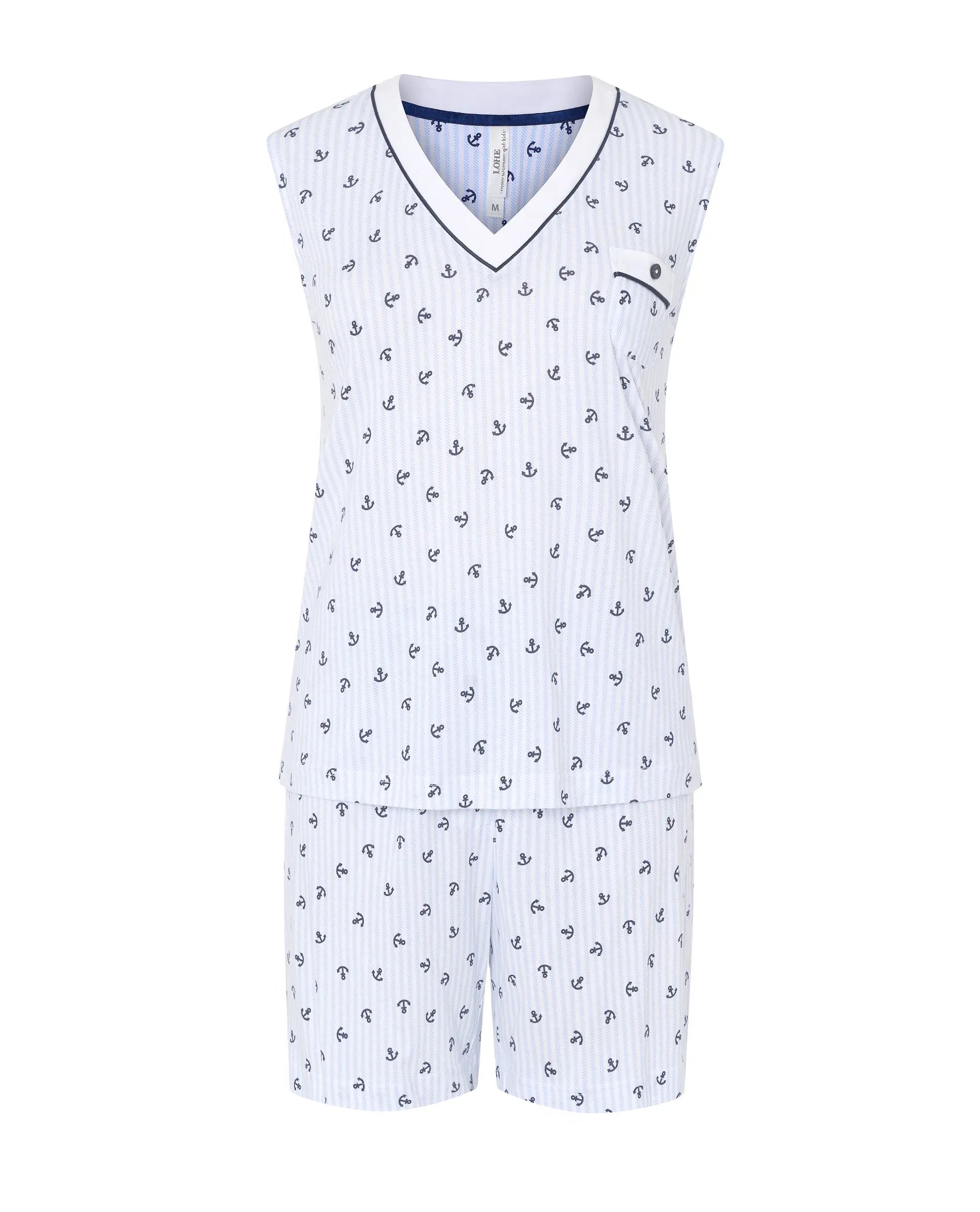 Pijama corto de mujer Lohe, de algodón y modal estampado anclas, cuello pico, sin mangas y pantalón corto.