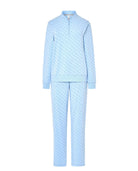 Pijama de mujer vigoré celeste, estampado de topos grises, escote abierto, manga larga y pantalón largo.