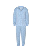Pijama Lohe de niña en vigoré estampado de topos grises, escote en pico, manga larga y pantalón largo.