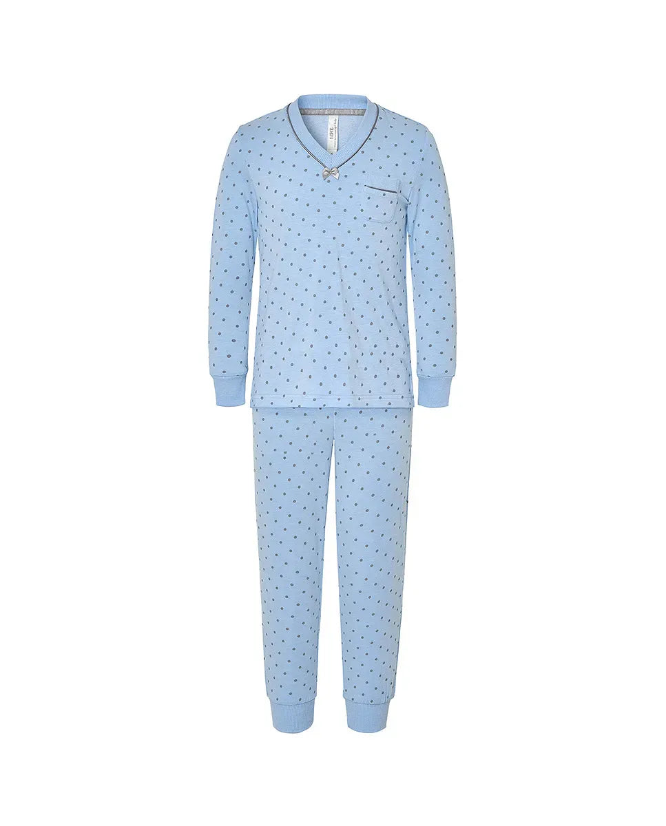 Pijama Lohe de niña en vigoré estampado de topos grises, escote en pico, manga larga y pantalón largo.
