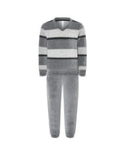 Pijama Lohe de niño terciopelo, parte superior de rayas con escote en pico, manga larga y pantalón largo liso.
