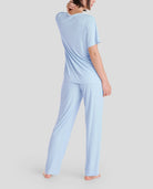 Pijama mujer largo canalé puntilla — Celeste