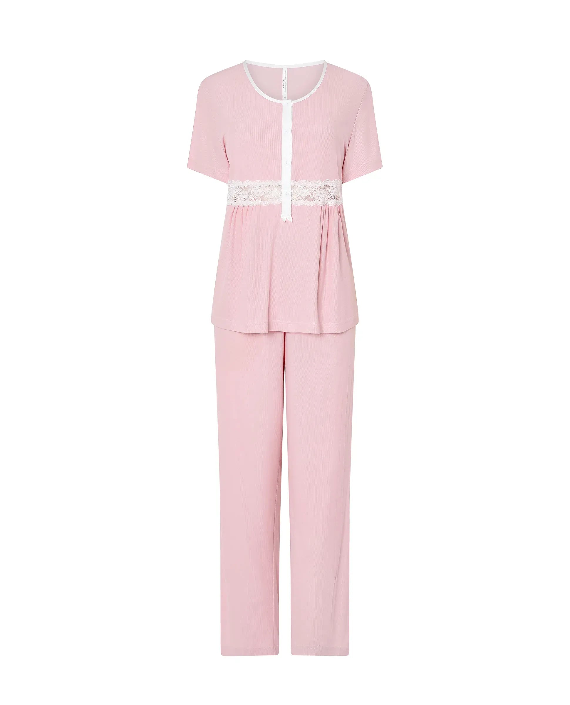 Pijama rosa largo de mujer canalé liso, abierto con pata de raso y botones, encaje en cintura, manga corta y pantalón largo.