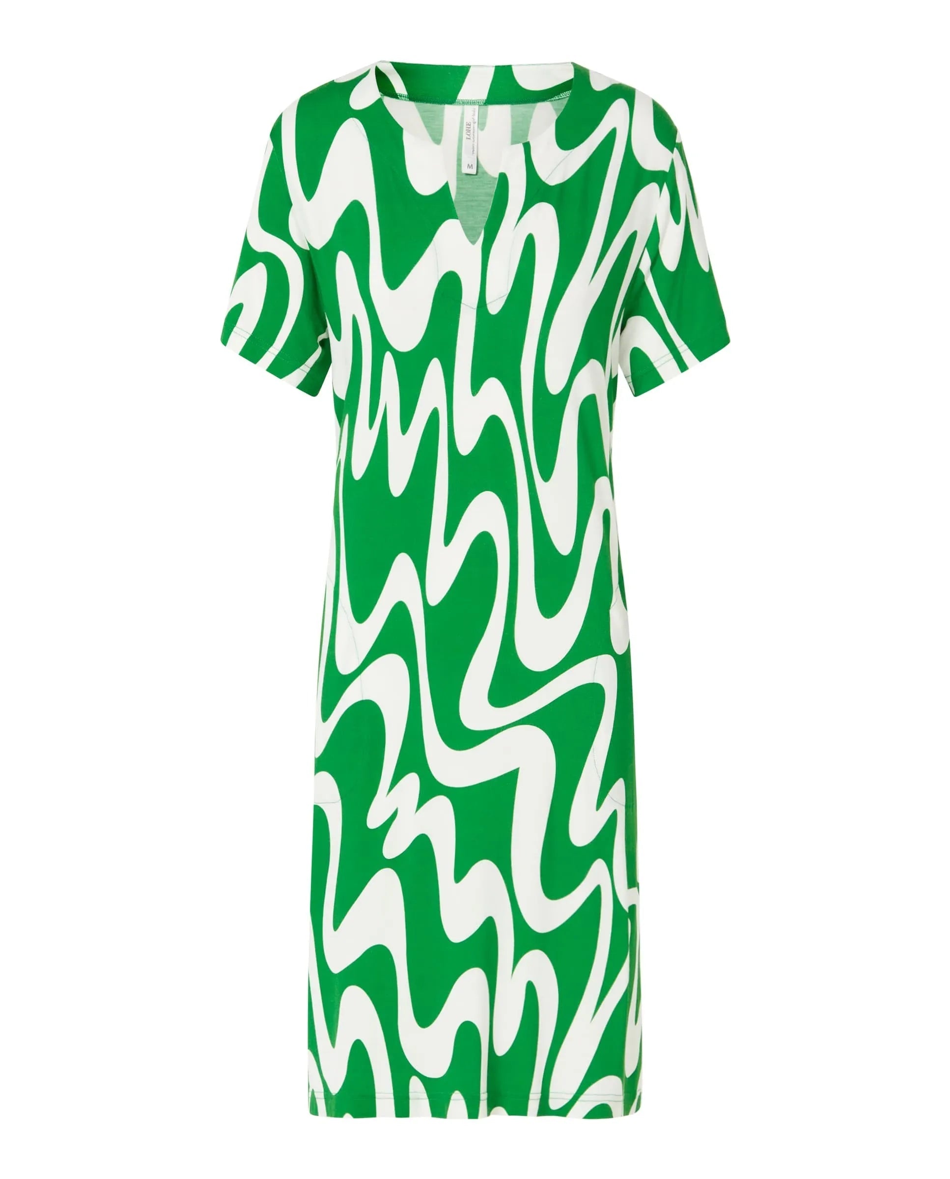 Vestido corto de mujer, estampado ondas, manga corta, bolsillos laterales.