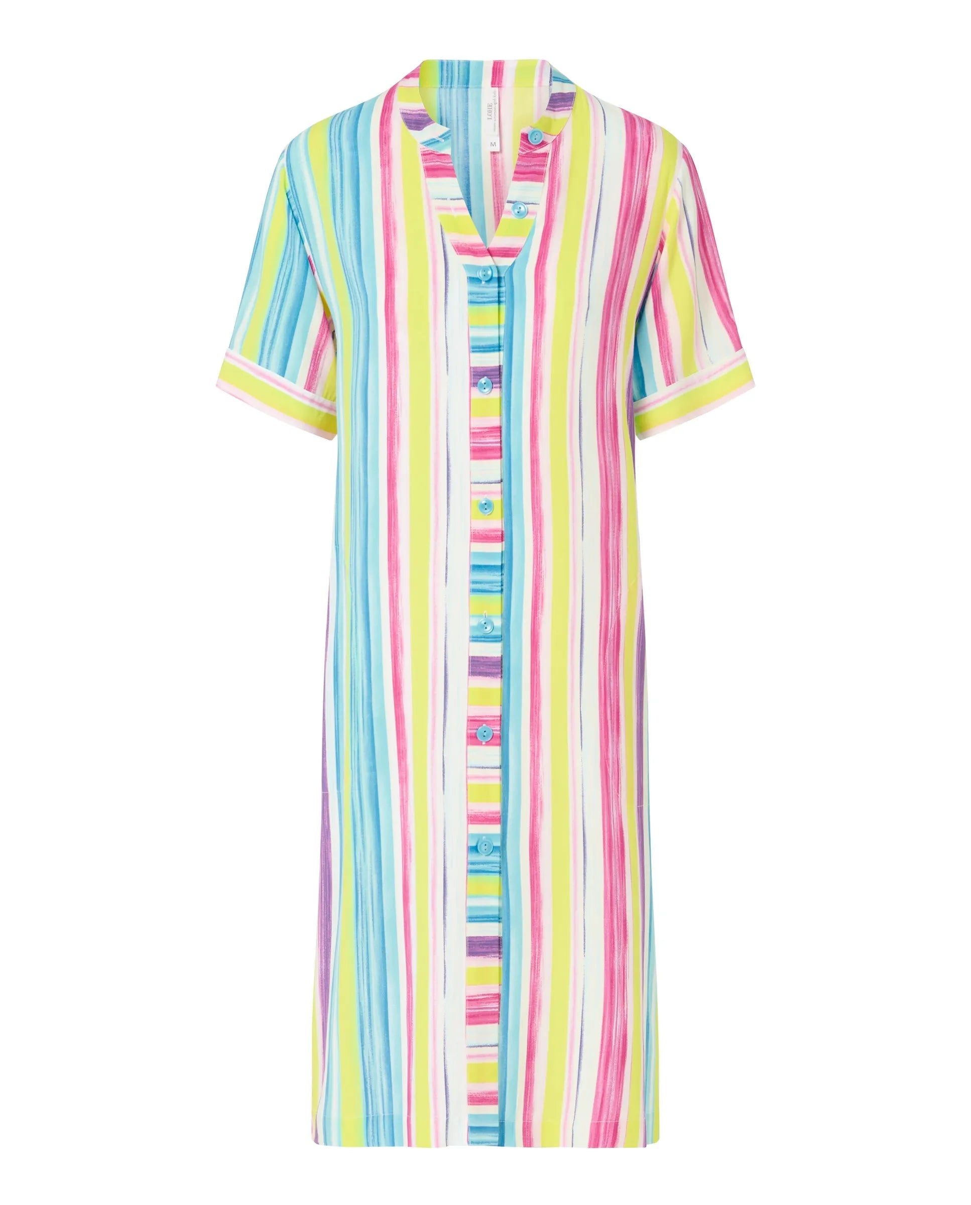Vestido corto de mujer, abierto con botones, estampado rayas, manga corta, bolsillos laterales.