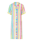 Vestido corto de mujer, abierto con botones, estampado rayas, manga corta, bolsillos laterales.
