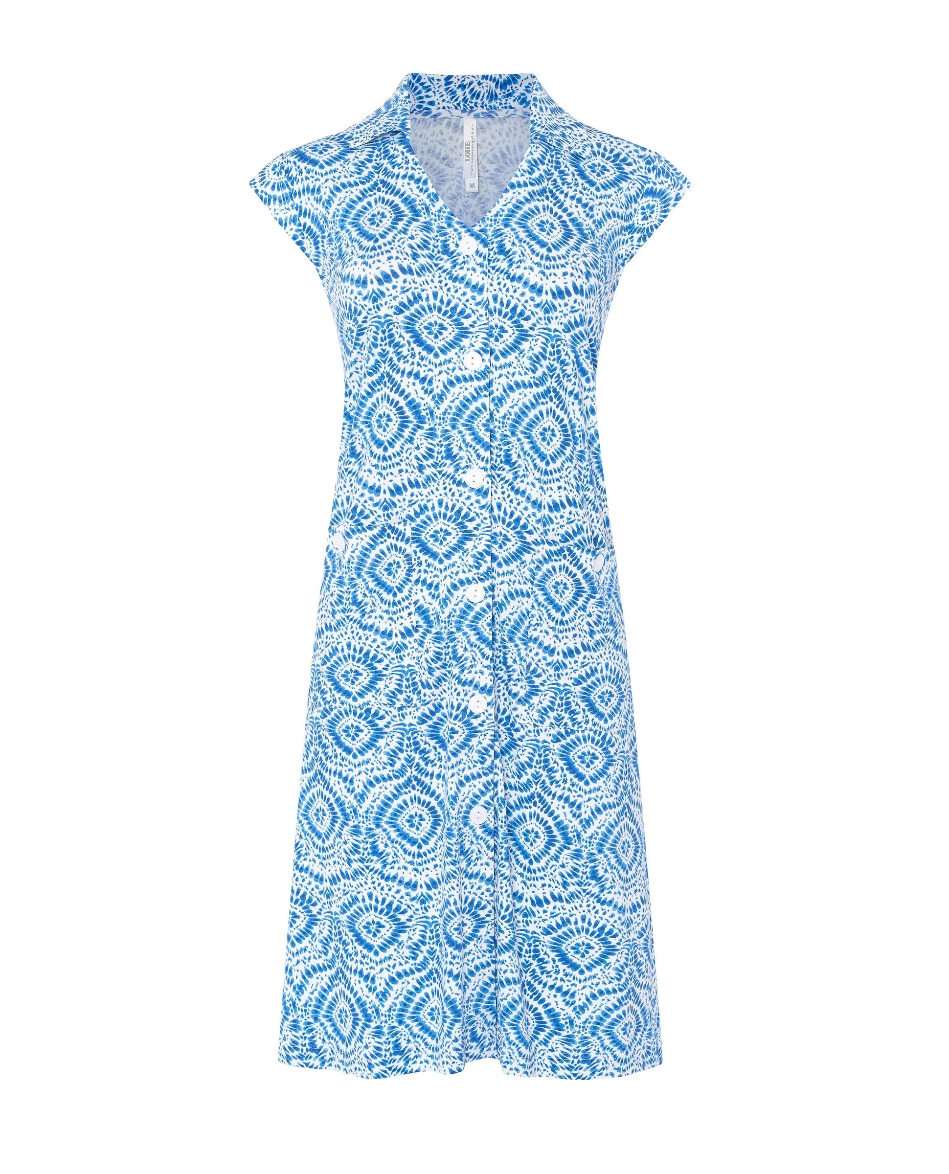 Vestido largo de mujer Lohe, tejido punto viscosa estampada, abierto con botones, con cuello, bolsillos de plastón y sin mangas.
