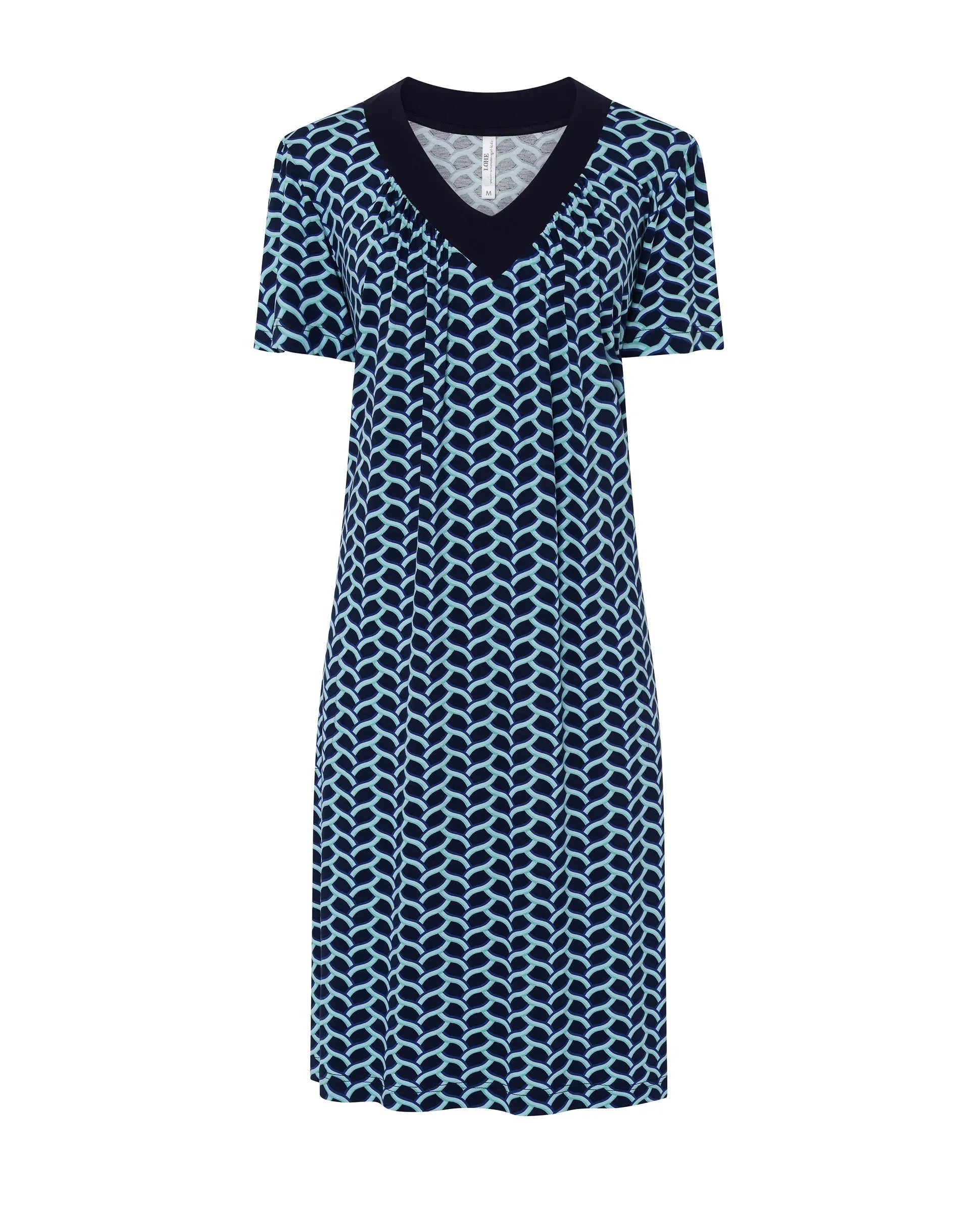 Vestido corto de mujer Lohe, tejido punto viscosa estampada, cuello pico, bolsillos, aberturas laterales y manga corta.