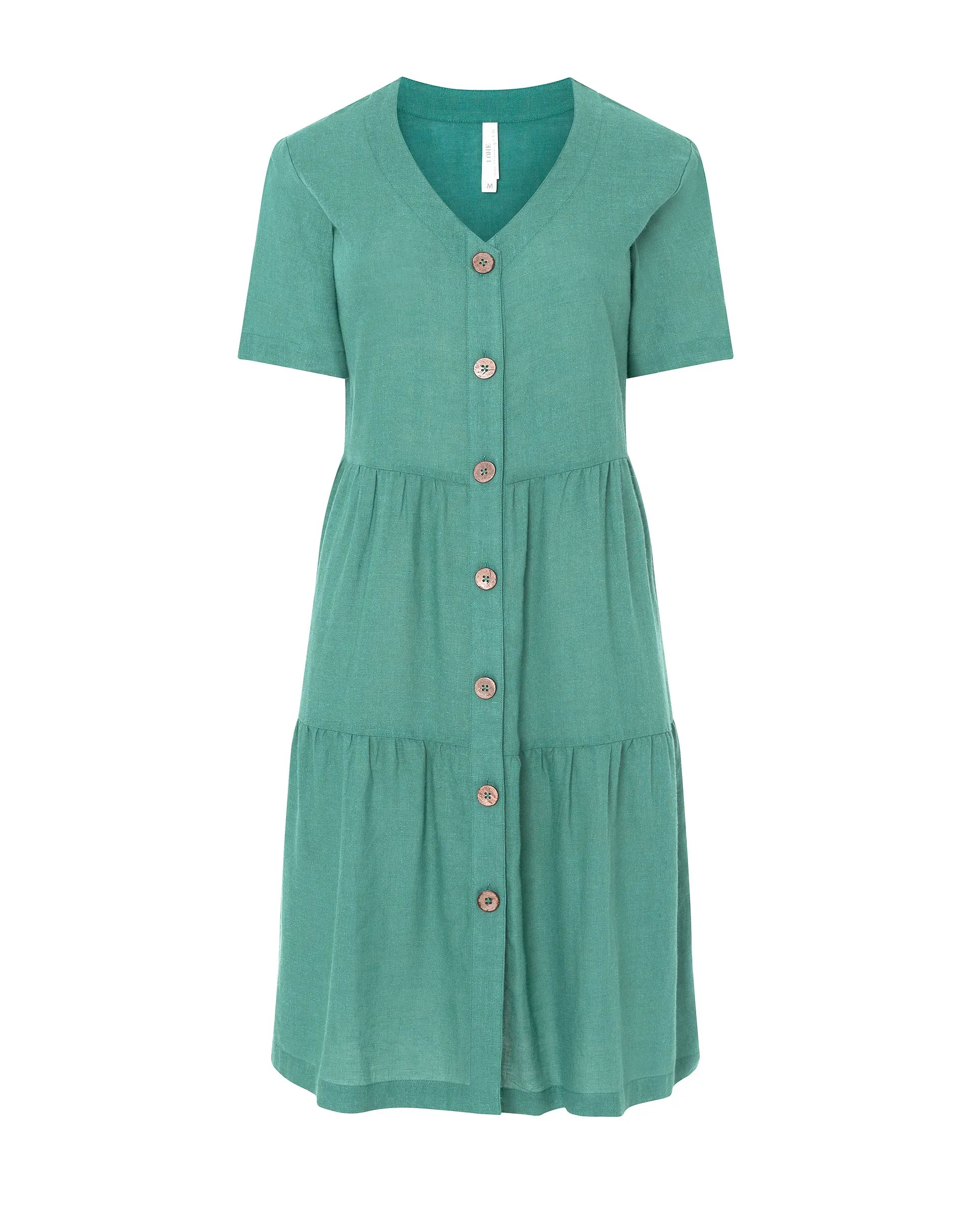 Vestido corto de mujer Lohe, tejido plana viscosa lino, abierto con botones, sin cuello, volante y manga corta.
