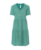 Vestido corto de mujer Lohe, tejido plana viscosa lino, abierto con botones, sin cuello, volante y manga corta.