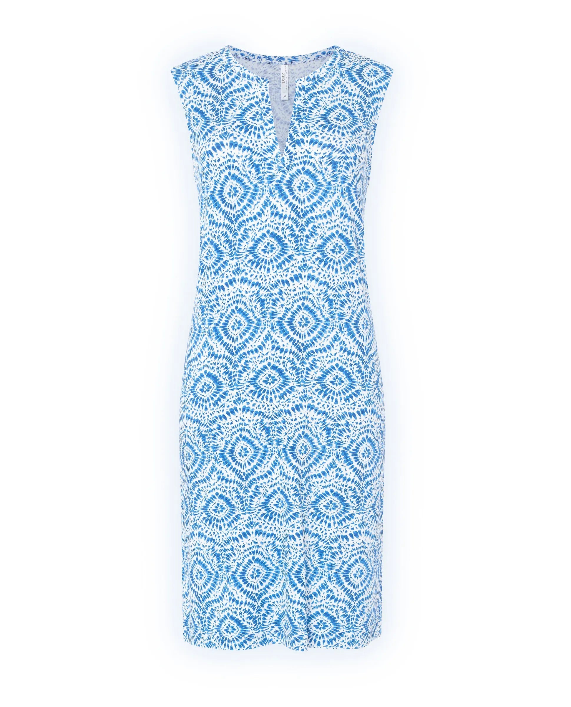 Vestido corto de mujer Lohe, tejido punto viscosa estampada, abertura con tirilla y sin mangas.