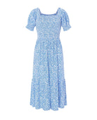 Vestido largo de mujer Lohe, tejido plana viscosa estampado flores, top con nido de abeja, escote cuadrado y manga corta.
