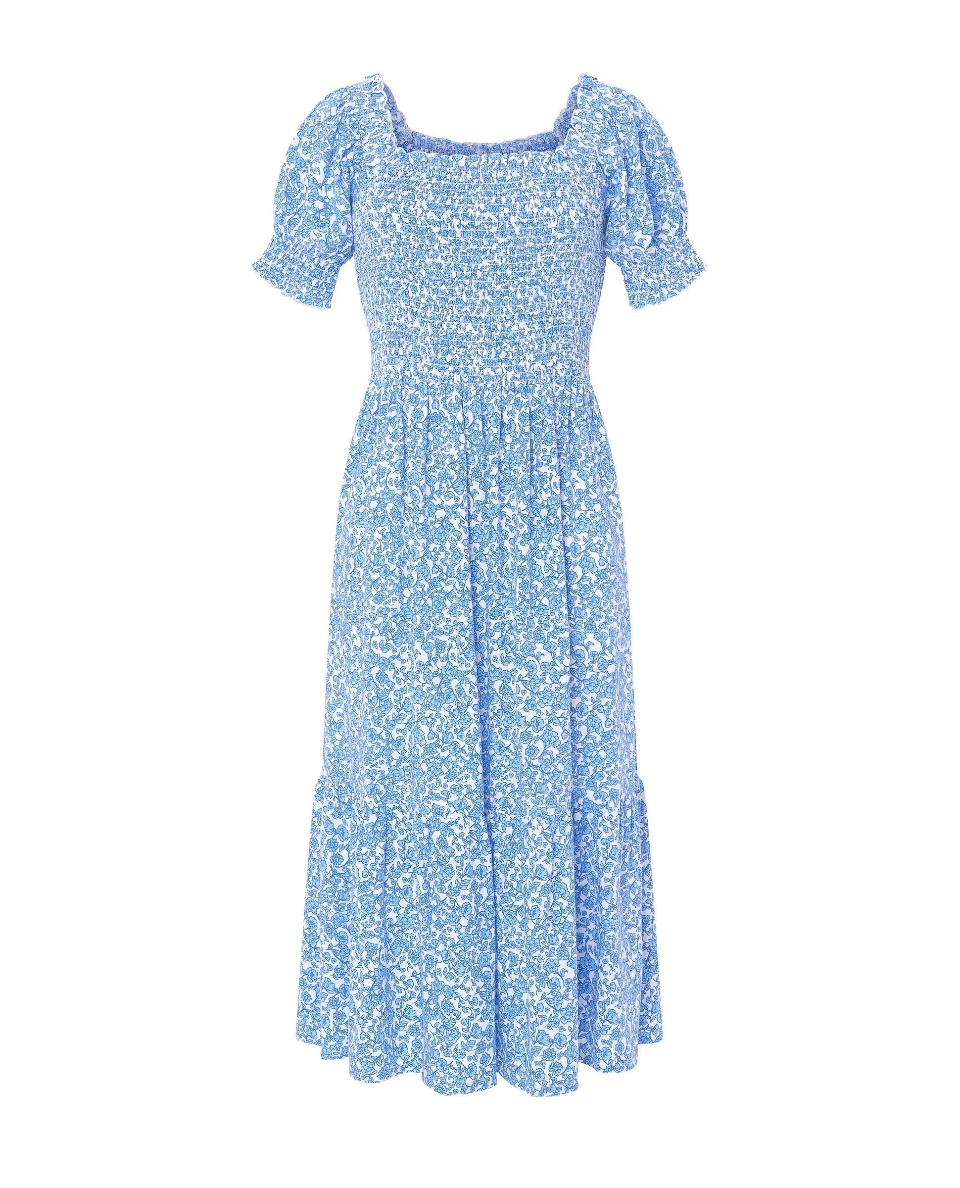 Vestido largo de mujer Lohe, tejido plana viscosa estampado flores, top con nido de abeja, escote cuadrado y manga corta.