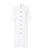 Vestido largo de algodón viscosa blanco con bordado manga larga y cuello camisero