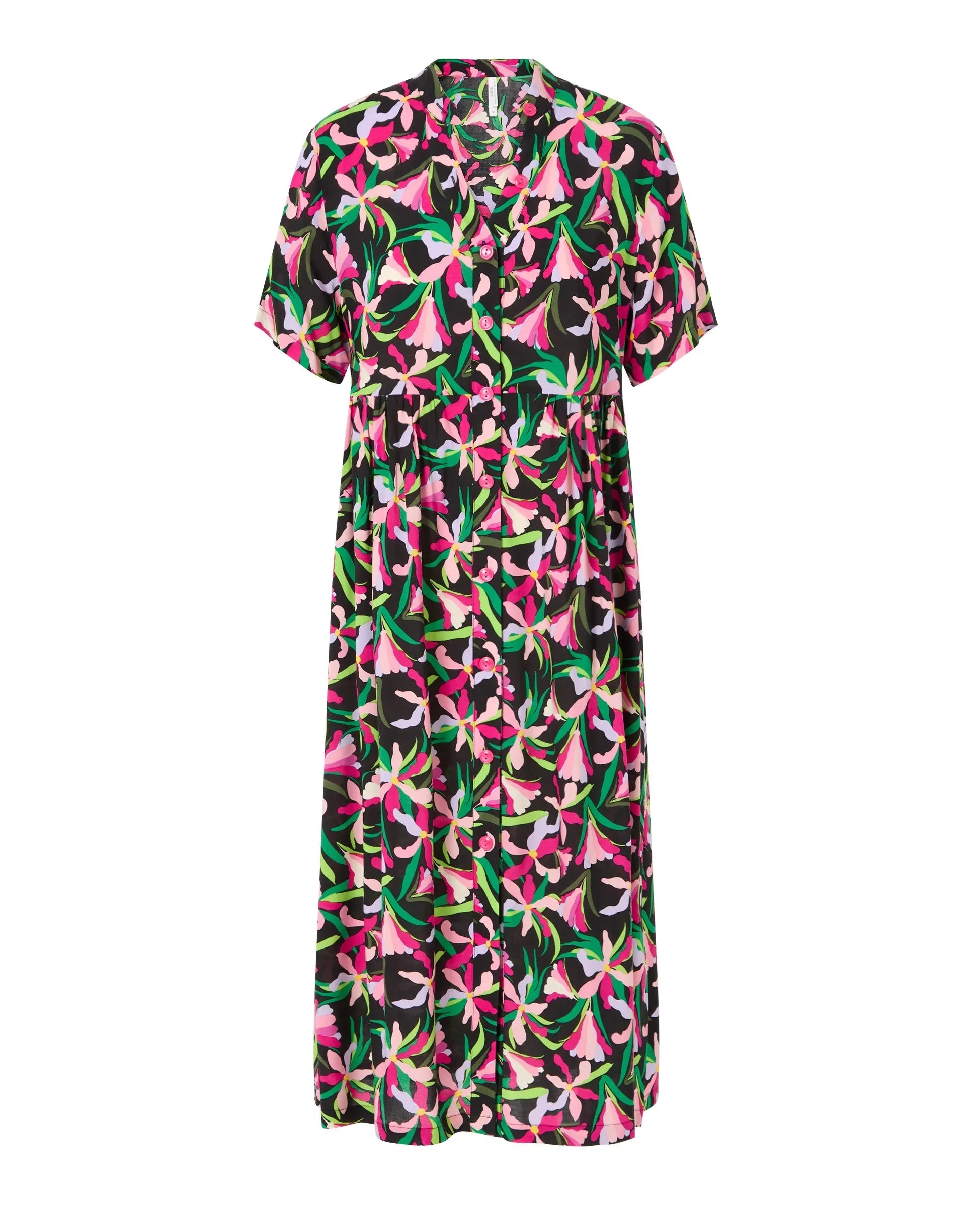 Vestido largo de mujer, abierto con botones, estampado flores, manga corta, bolsillos laterales.