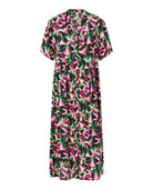 Vestido largo de mujer, abierto con botones, estampado flores, manga corta, bolsillos laterales.