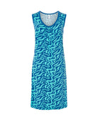 Vestido de baño corto sin mangas en punto azul con estampado ondas con cuello redondo y boslillos laterales.