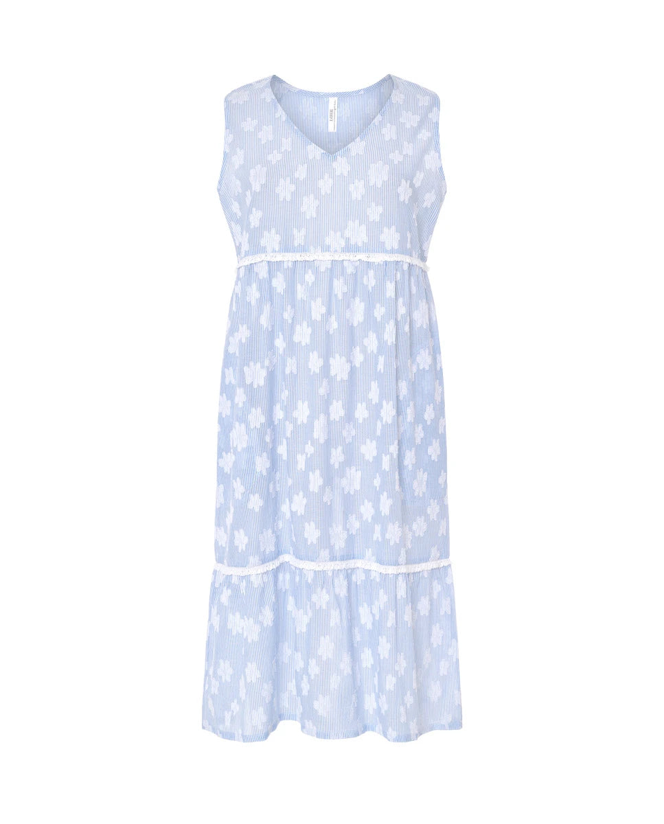 Vestido de baño de mujer corto sin mangas con cuello pico, dibujo flocado flores y puntilla, bolsillos laterales.