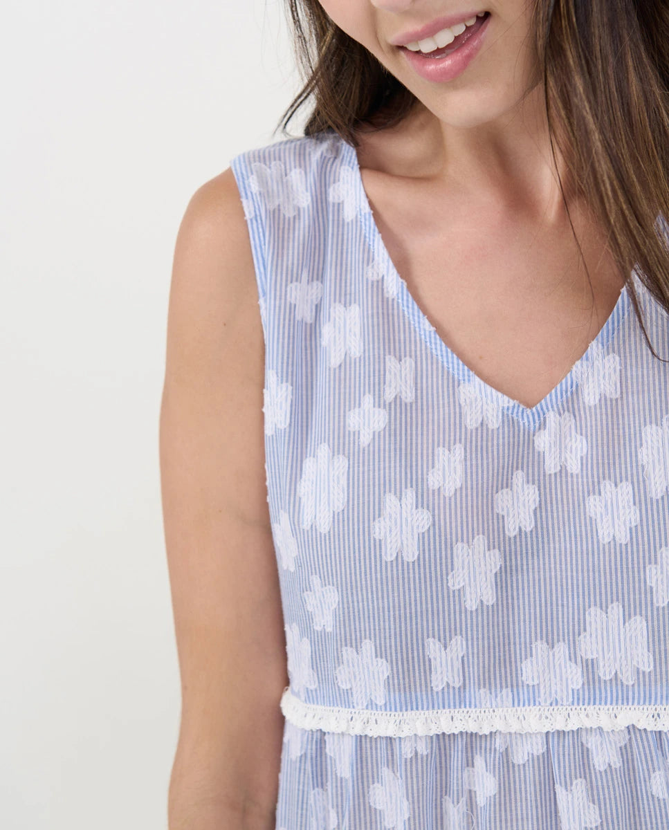 Vista detalle del cuello pico con dibujo flocado flores y puntilla