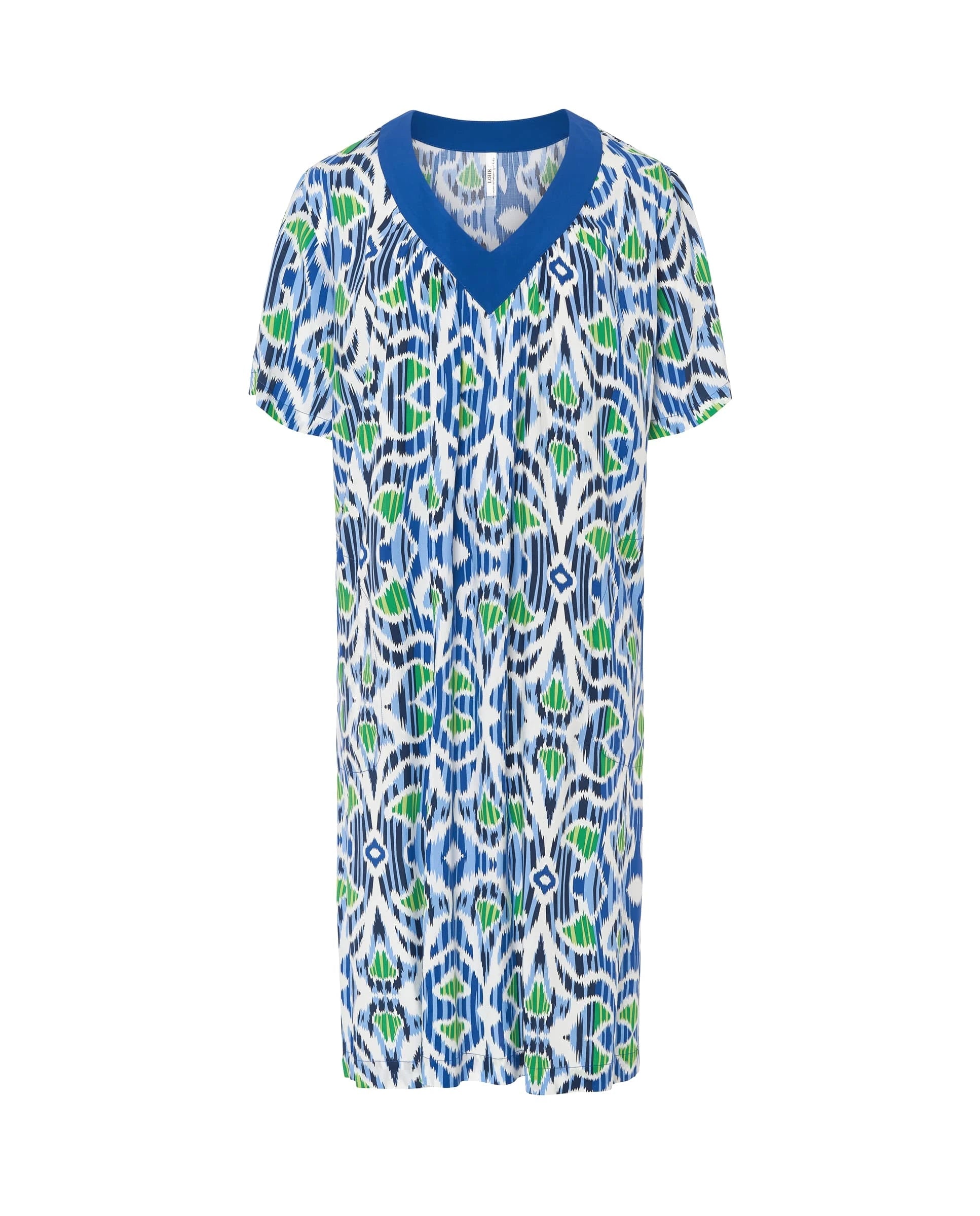 Vestido de baño de mujer corto de manga corta en plana estampado étnico, escote pico ancho y bolsillos laterales.