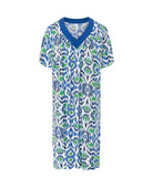 Vestido de baño de mujer corto de manga corta en plana estampado étnico, escote pico ancho y bolsillos laterales.