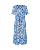 Vestido de baño largo de mujer de manga corta en plana, abierto con botones, cuello pico, estampado azul de flores.