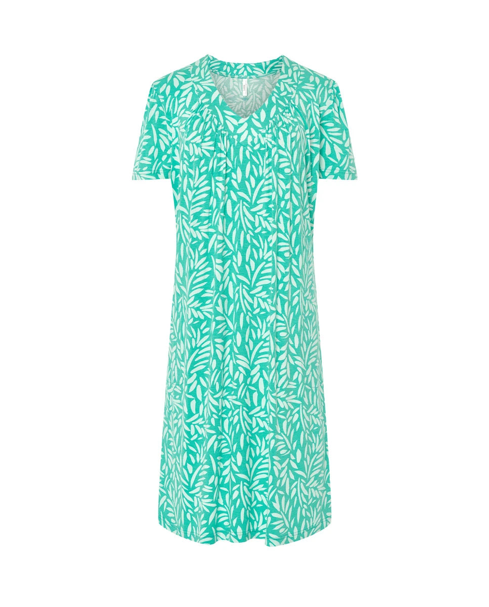 Vestido de baño de mujer corto de manga corta en plana estampado de hojas blancas con escote pico y bolsillos laterales