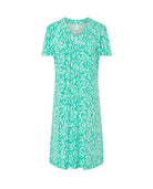 Vestido de baño de mujer corto de manga corta en plana estampado de hojas blancas con escote pico y bolsillos laterales