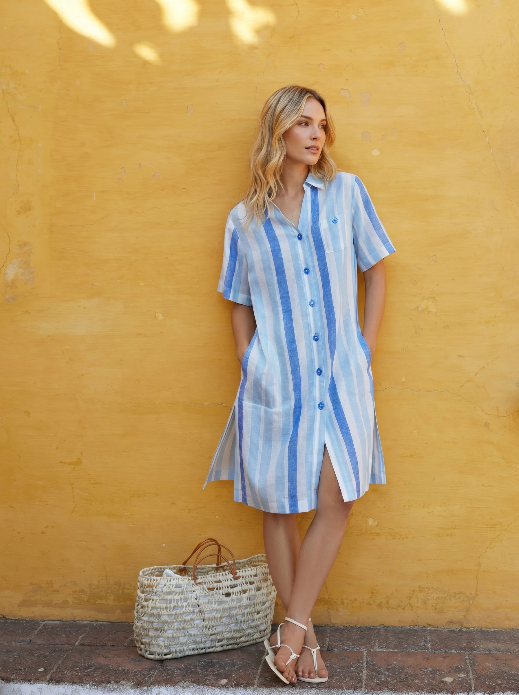 Modelo posa con vestido de verano fresco abierto con botones y alegre estampado de rayas
