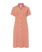 Vestido corto de mujer abierto con botones en viscosa naranja estampado topitos, cuello camisero con bolsillos y manga corta
