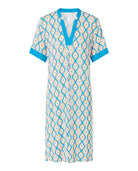 Vestido corto de mujer, estampado geométrico, manga corta, cuello pico.