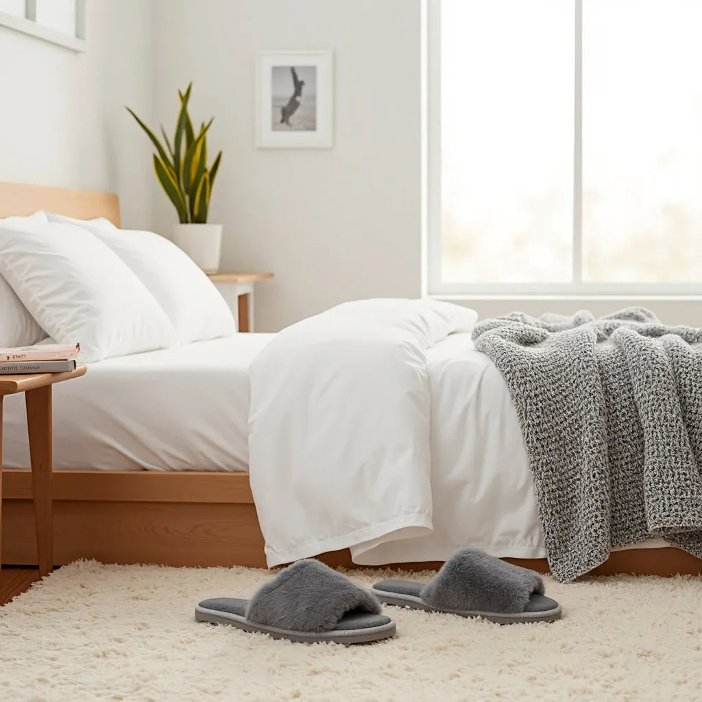 Escena de dormitorio moderno con zaptillas de casa grises  abiertas estilo pantuflas al pie de la cama