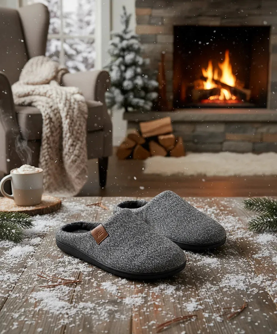 Pantuflas grises sobre suelo de madera en salón navideño